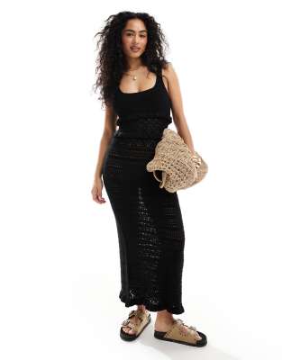 Miss Selfridge frill crochet maxi dress in black