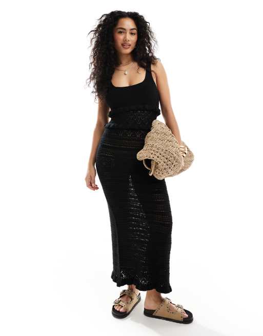 Miss Selfridge frill crochet maxi dress in black