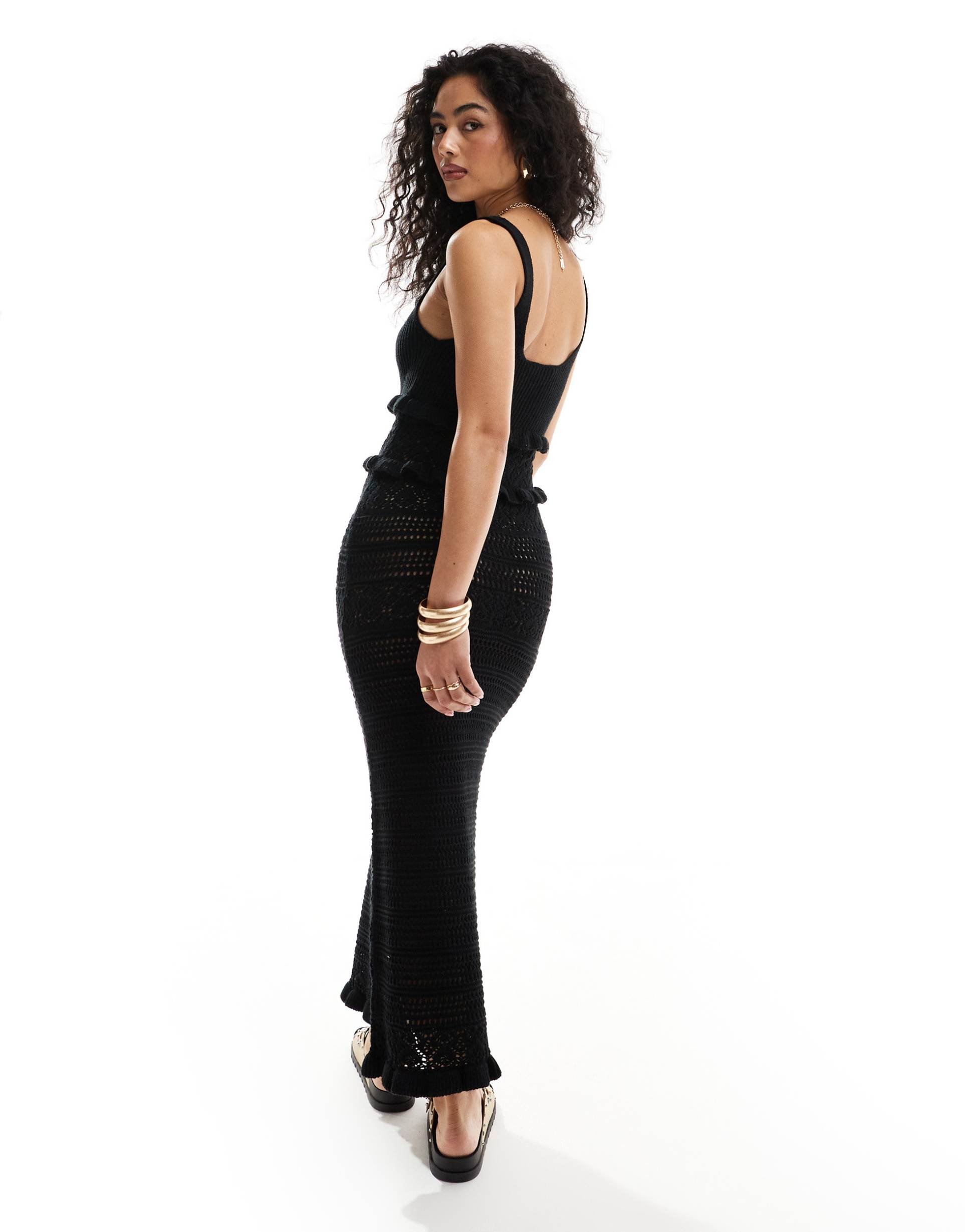 miss selfridge frill crochet maxi dress in black