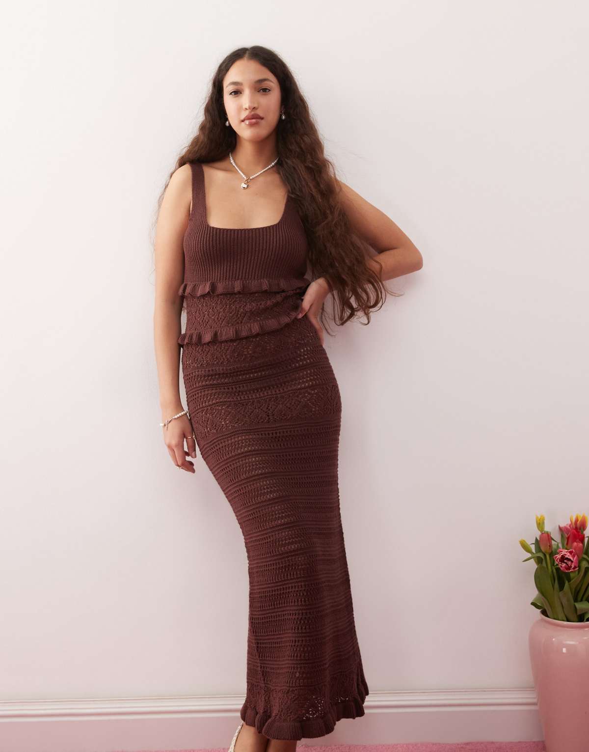 Miss Selfridge frill crochet maxi dress in choc