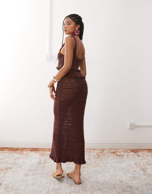 Miss Selfridge frill crochet maxi dress in chocolate-Brown
