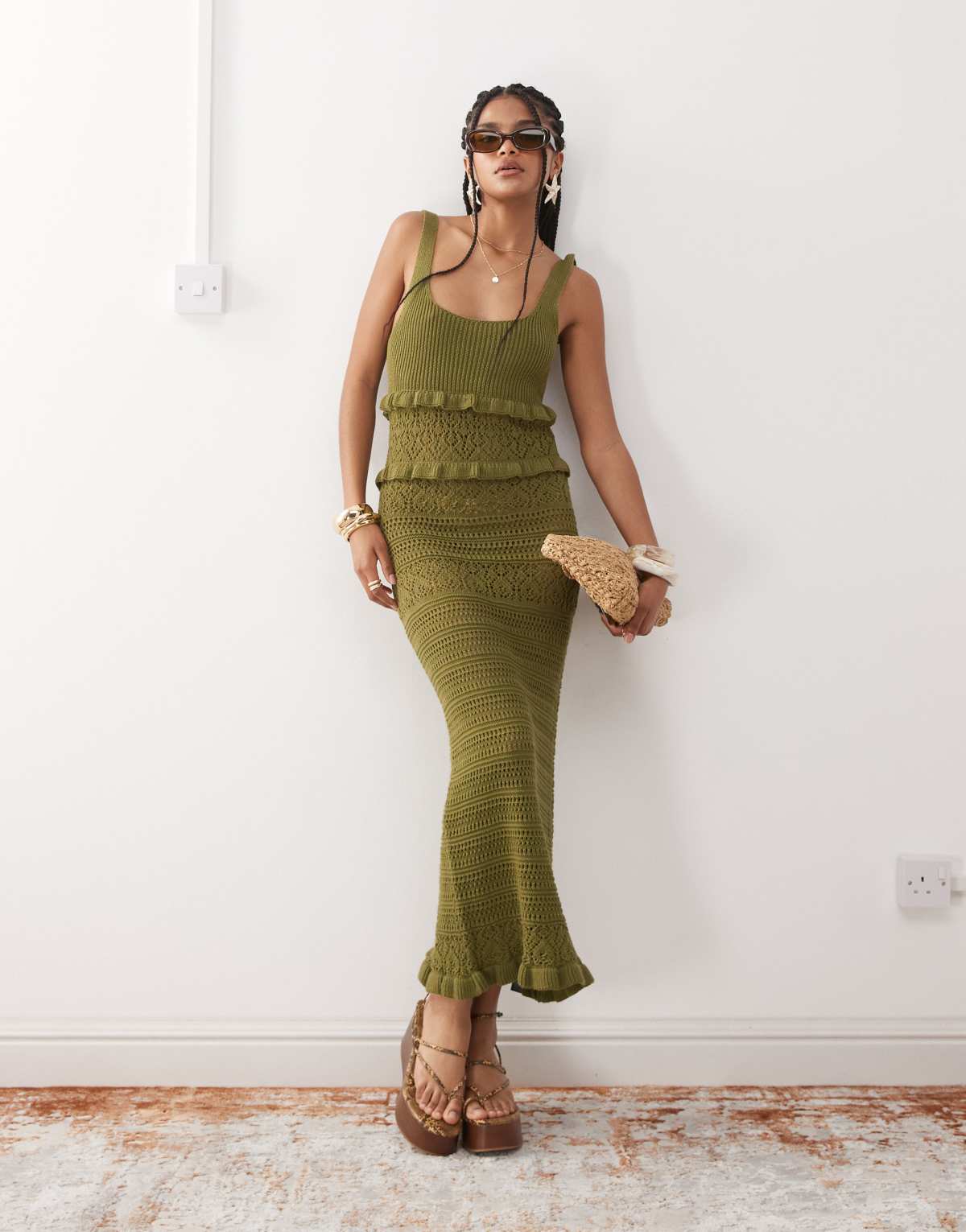 Miss Selfridge frill crochet maxi dress in khaki