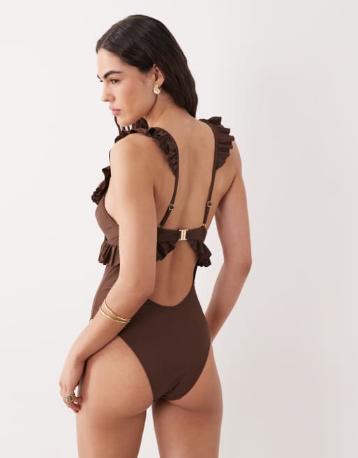 Miss Selfridge frill cut out swimsuit in chocolate, 3 of 4
