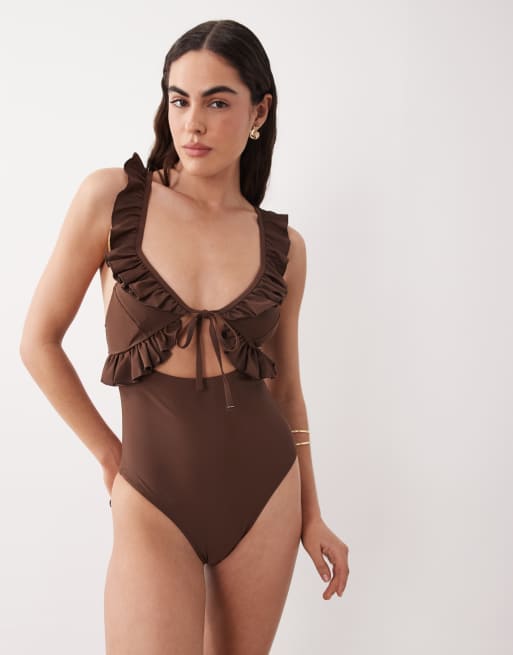 Miss Selfridge frill cut out swimsuit in chocolate, 4 of 4