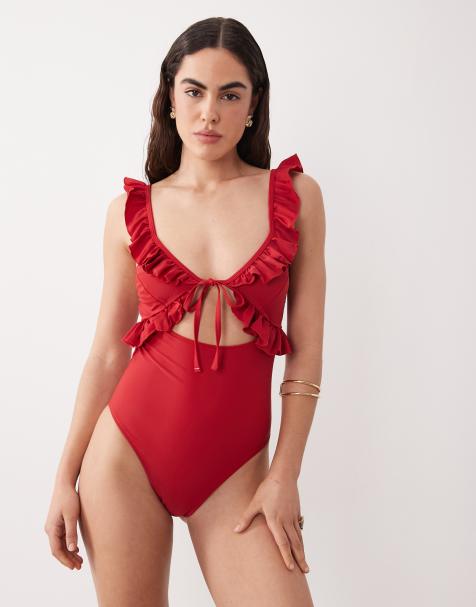 Miss Selfridge frill cut out swimsuit in red - view 1
