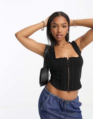 Miss Selfridge frill detail corset top with eyelet details in black 