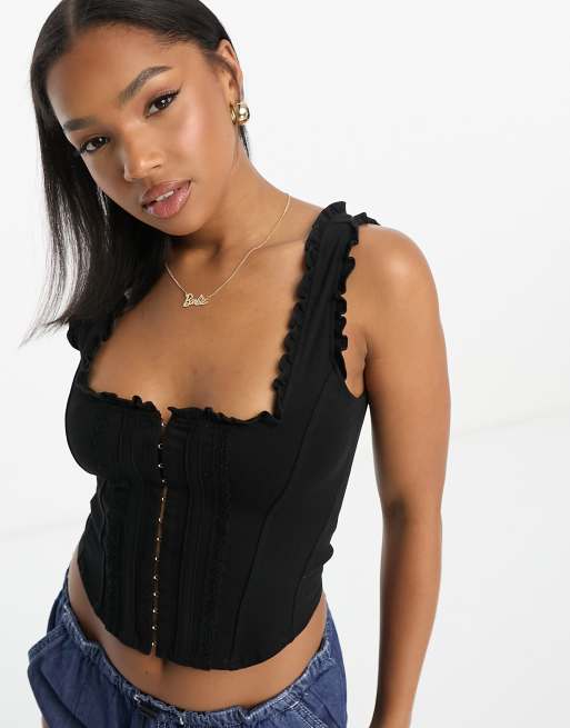Miss Selfridge frill detail corset top with eyelet details in
