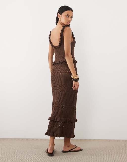 Miss Selfridge frill detail crochet maxi dress in chocolate, 3 of 4