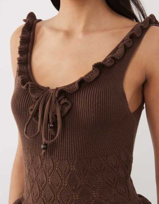 Miss Selfridge frill detail crochet maxi dress in chocolate, 4 of 4