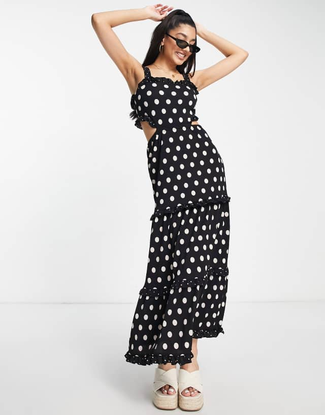 Miss Selfridge frill detail cut out maxi dress in mixed spot