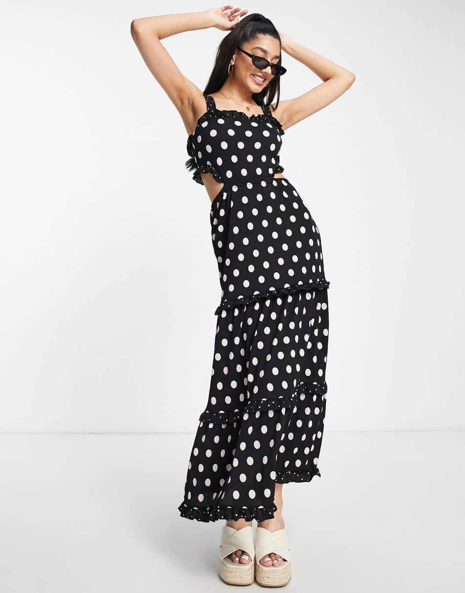 Miss Selfridge frill detail cut out maxi dress in mixed spot www.lips mag
