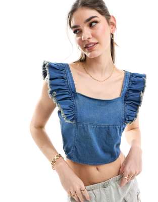 frill detail denim corset top in indigo wash-Blue