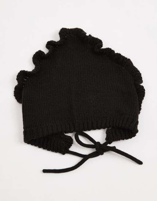 Miss Selfridge frill detail knit head scarf in black, 2 of 3