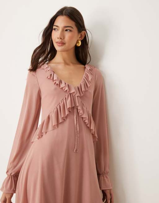 Miss Selfridge frill detail long sleeve mini dress in blush, 4 of 4