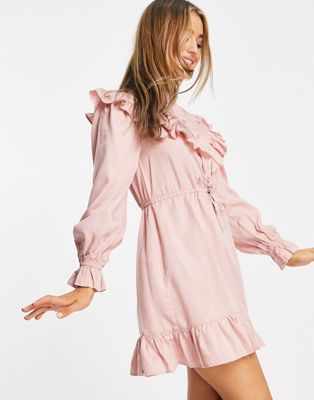 Miss Selfridge frill detail shirt dress in pink twill