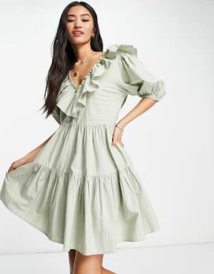 Miss Selfridge frill detail smock dress in sage | ASOS