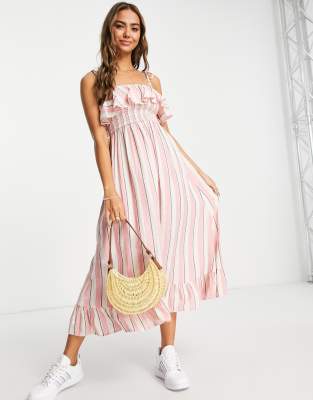 Miss Selfridge frill detail strappy midi dress in candy stripe