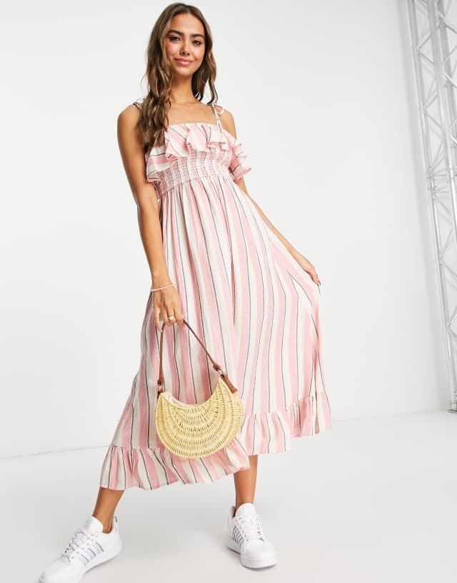 Miss Selfridge frill detail strappy midi dress in candy stripe