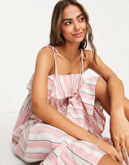 Miss Selfridge frill detail strappy midi dress in candy stripe, 2 of 4