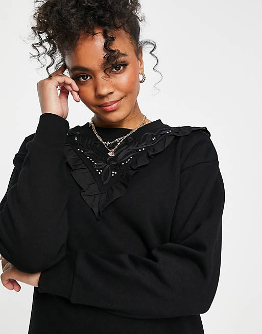 Women Miss Selfridge frill detail sweatshirt dress in black 