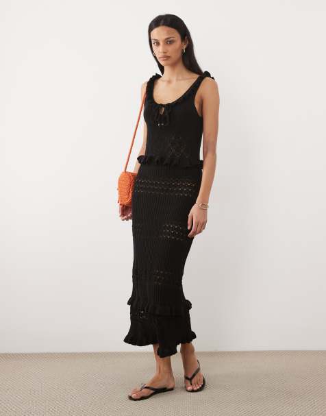 Miss Selfridge frill detailing crochet midaxi dress in black - view 1