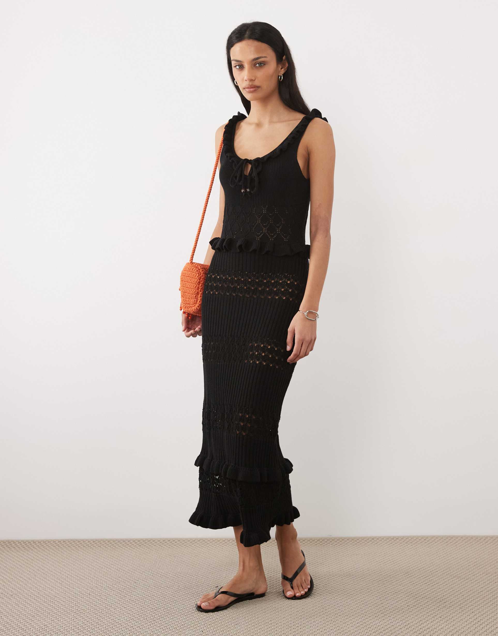 miss selfridge frill detailing crochet midaxi dress in black