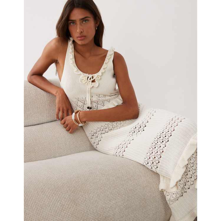 hali frill strap crochet lace dress white Crochet Lace Fabric Double Frill Cover Up Dress  Clover Tiger