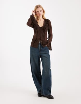 Miss Selfridge Frill Front Flared Sleeves Chiffon Blouse-brown In Multi