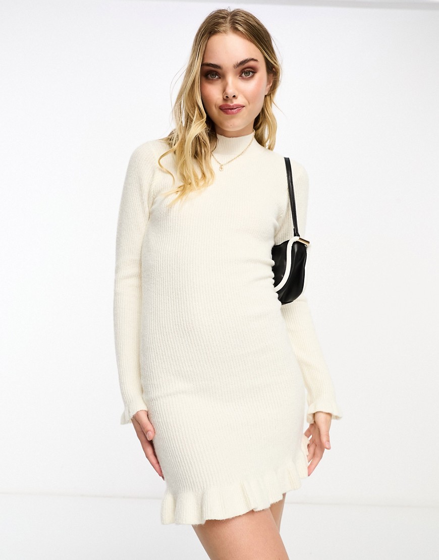 Miss Selfridge frill hem open back knit mini dress in cream-White
