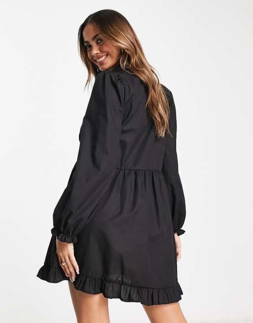 Miss Selfridge frill hem poplin mini smock dress in black, 4 of 4