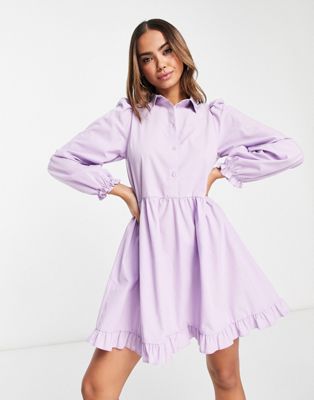Miss Selfridge frill hem poplin mini smock dress in lilac-Purple
