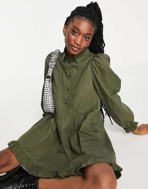 Miss Selfridge frill hem smock shirt dress in khaki | ASOS