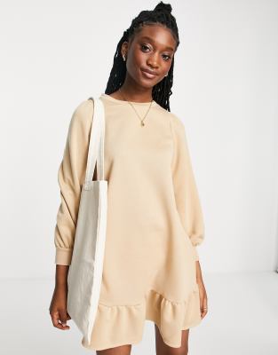 Miss Selfridge frill hem sweatshirt dress in camel