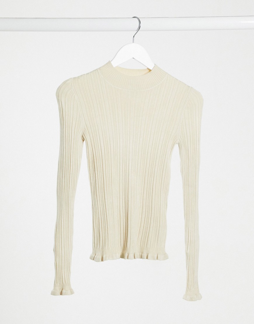 Miss Selfridge frill rib sweater in oatmeal-Cream