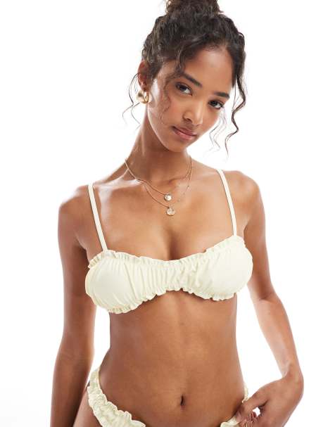 Miss Selfridge frill ruched bikini top in buttermilk - view 1