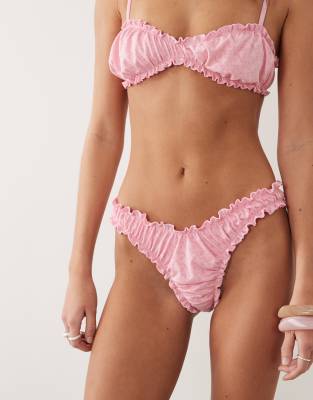 Miss Selfridge Frill Ruched Pointelle Bikini Bottom In Pink
