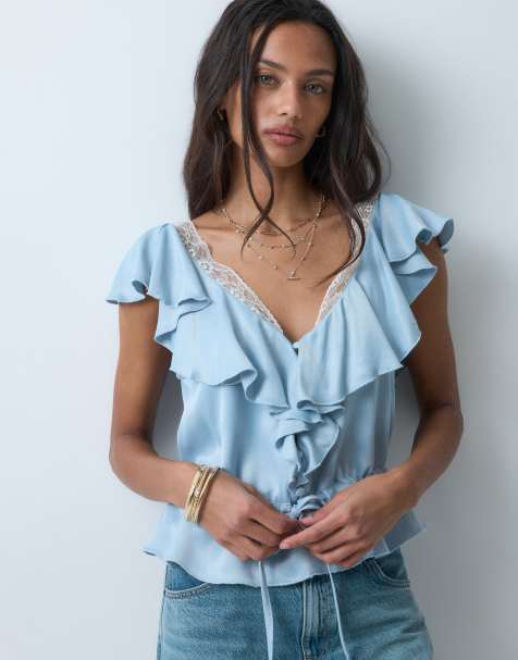 Miss Selfridge frill ruffle top with lace in blue