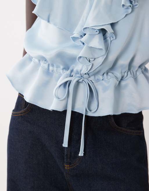 Miss Selfridge frill ruffle top with lace in blue, 3 of 4