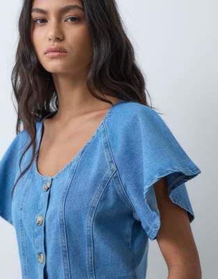 Miss Selfridge frill sleeve denim top in mid wash | ASOS