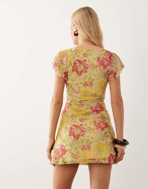 Miss Selfridge frill sleeve mini dress in floral print, 4 of 4
