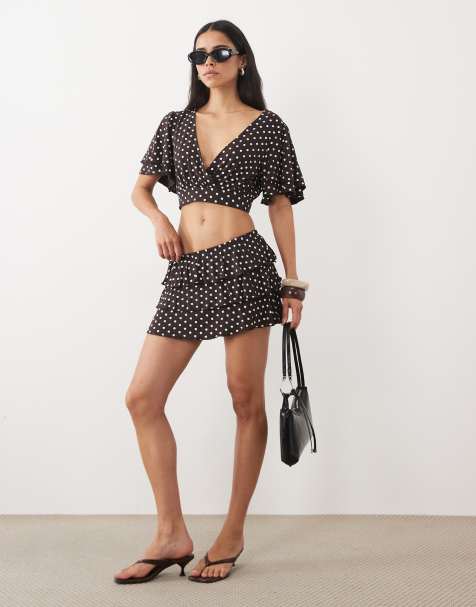 Miss Selfridge frill sleeve top and skort co-ord in chocolate polka dot - view 1