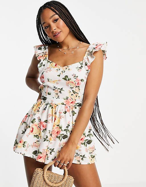  Miss Selfridge frill strap playsuit in floral print 