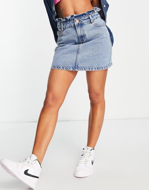 Miss Selfridge frill top denim skirt in mid wash blue