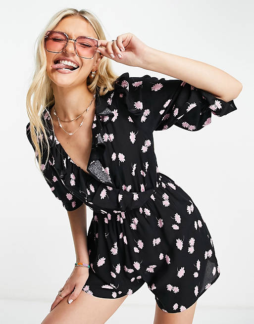 Miss Selfridge frill wrap playsuit in pink floral