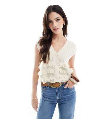 fringe boho knit tank top in cream-White