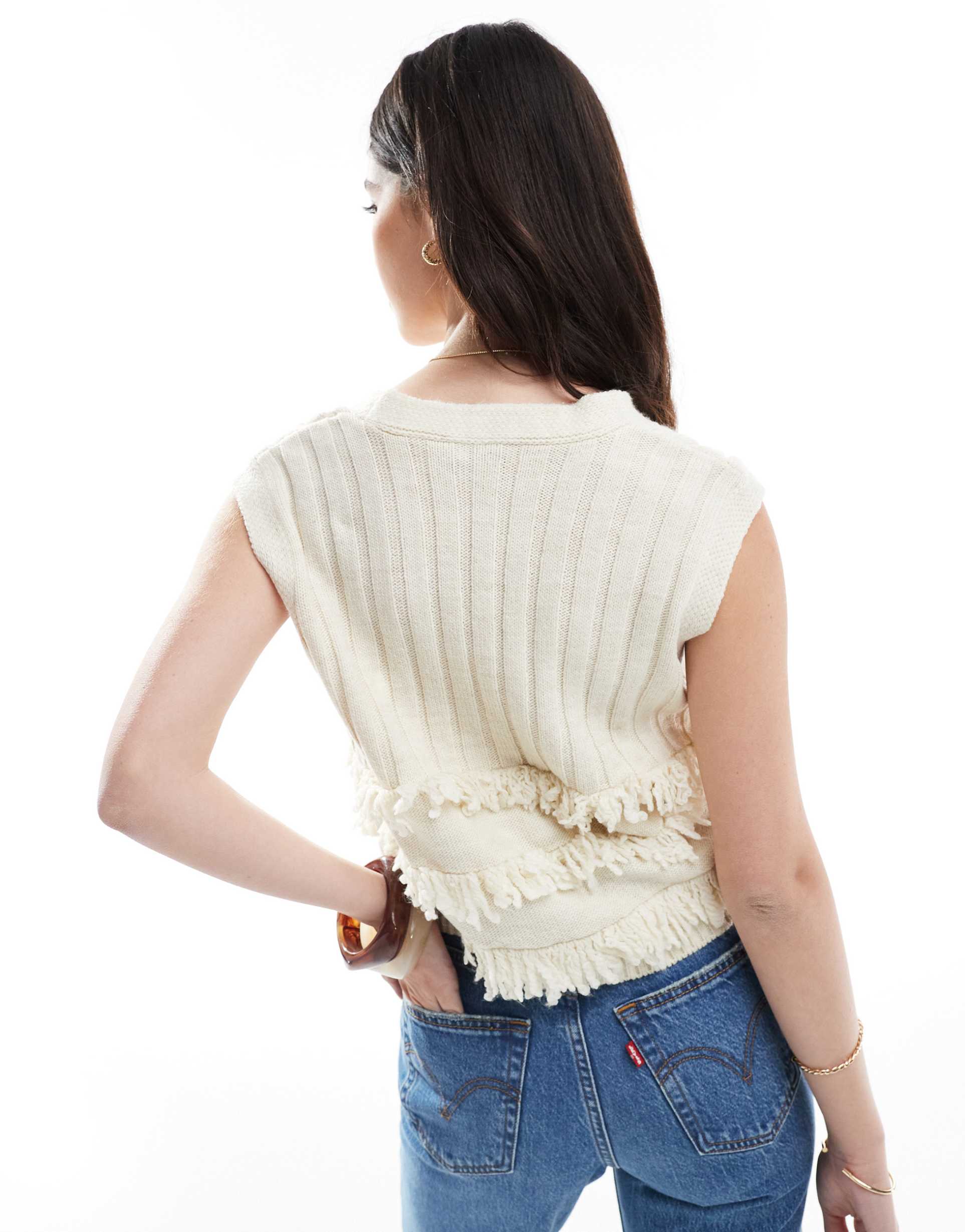 miss selfridge fringe boho knit tank top in cream