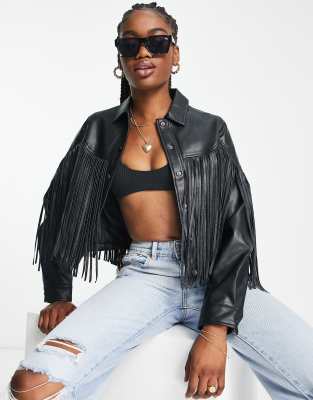 Miss Selfridge fringe faux leather jacket in black | ASOS