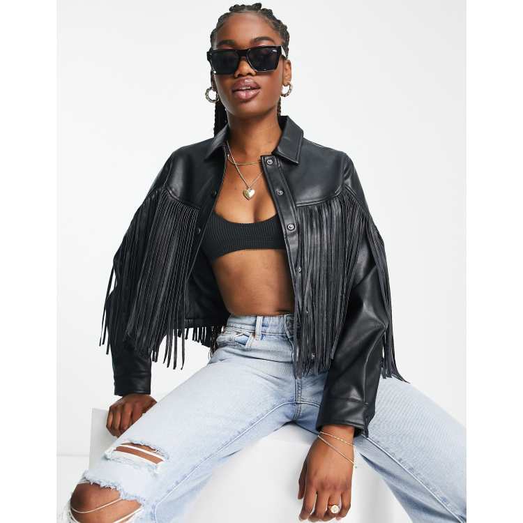 Miss Selfridge Fringe Crop Faux Leather Jacket in Black