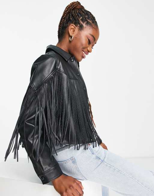 Jean jacket with hot sale leather fringe