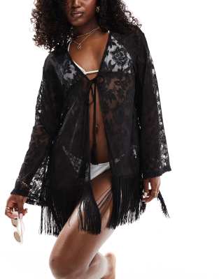 Miss Selfridge fringe lace kimono in black